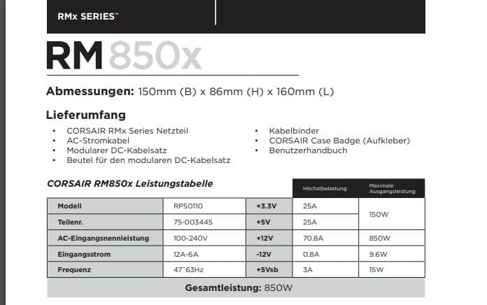 Corsair RM850X Handbuch