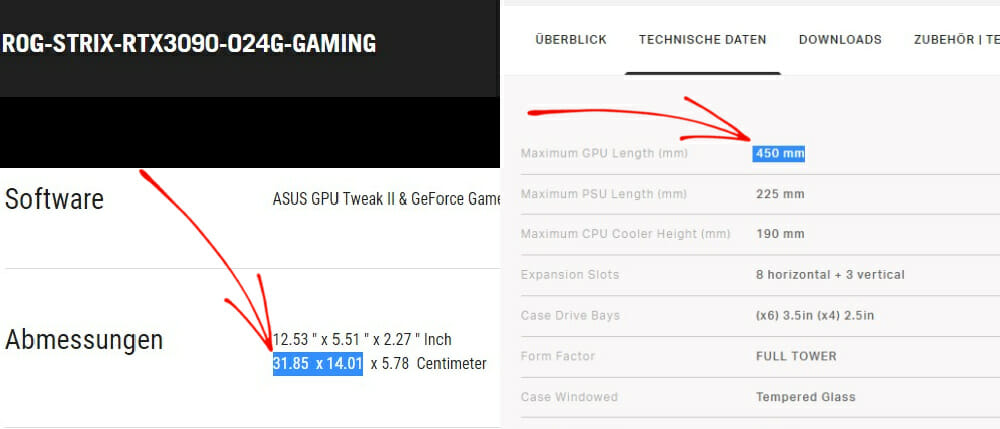 GPU und Gehäuse Maße vergleichen