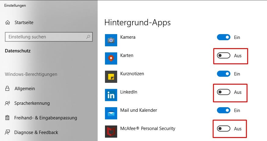 Hintergrund-Apps Windows