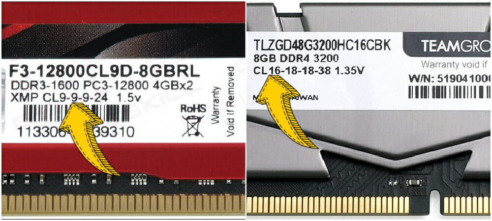 Zwei RAM-Module mit ihren RAM-Timings auf dem Aufkleber