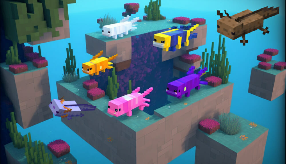 Axolotl in Minecraft schwimmen unter Wasser im Ozean