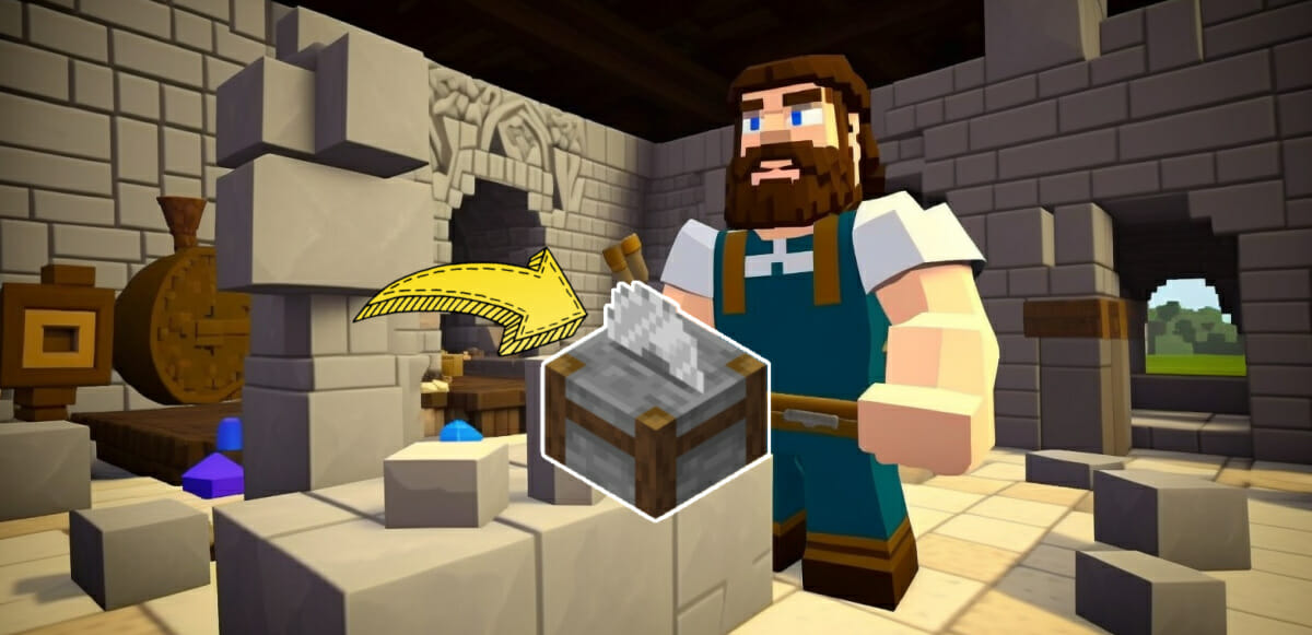 Ein Steinmetz mit seiner Steinsäge in Minecraft
