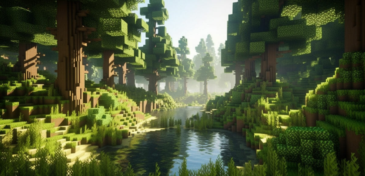Verschiedene Minecraft Bäume in einem Waldbiom mit Shadermods