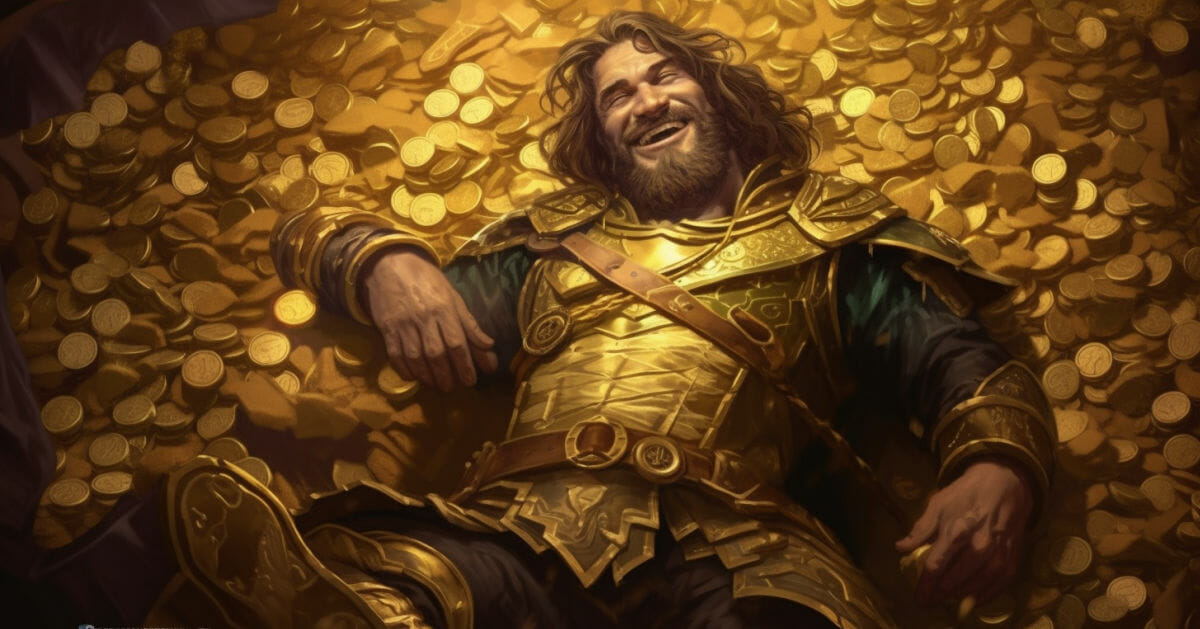 Ein Barbar war in Diablo 4 Gold farmen und liegt auf einem Münzhaufen